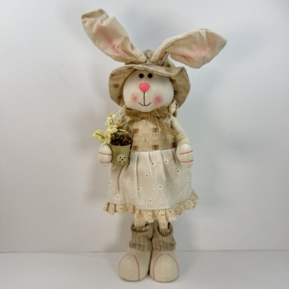 Handcrafted Fabric Bunny Doll Floral Dress Hat Standing 20 Inches Spring Rustic